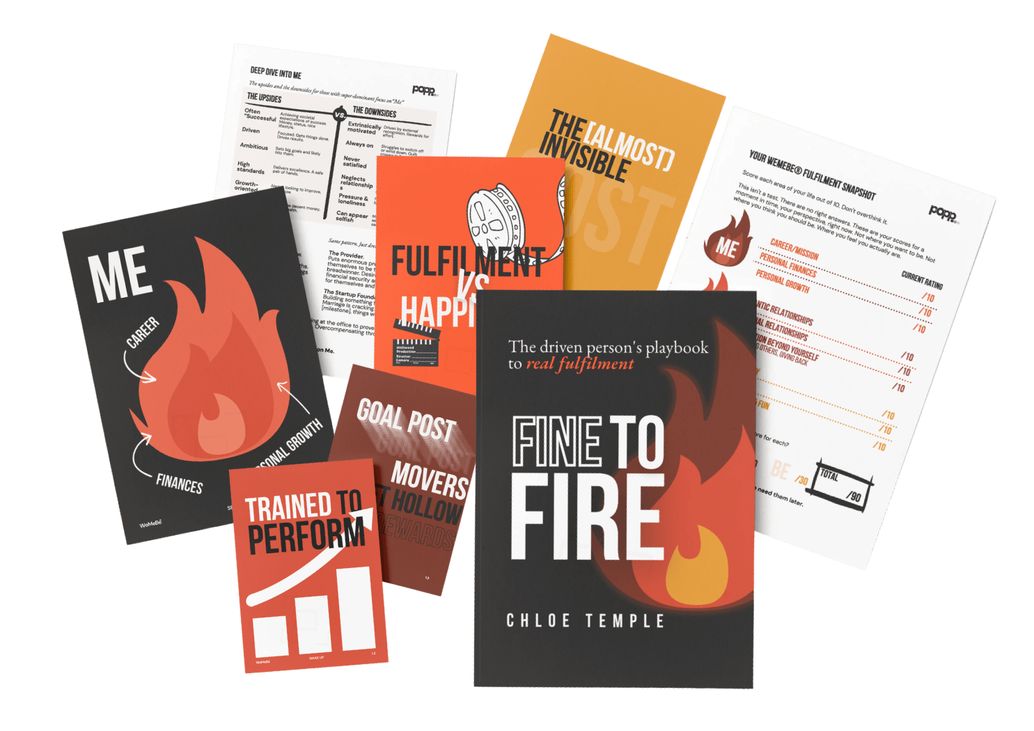 Fine to Fire early reader spread — cards, snapshot, book, framework pages