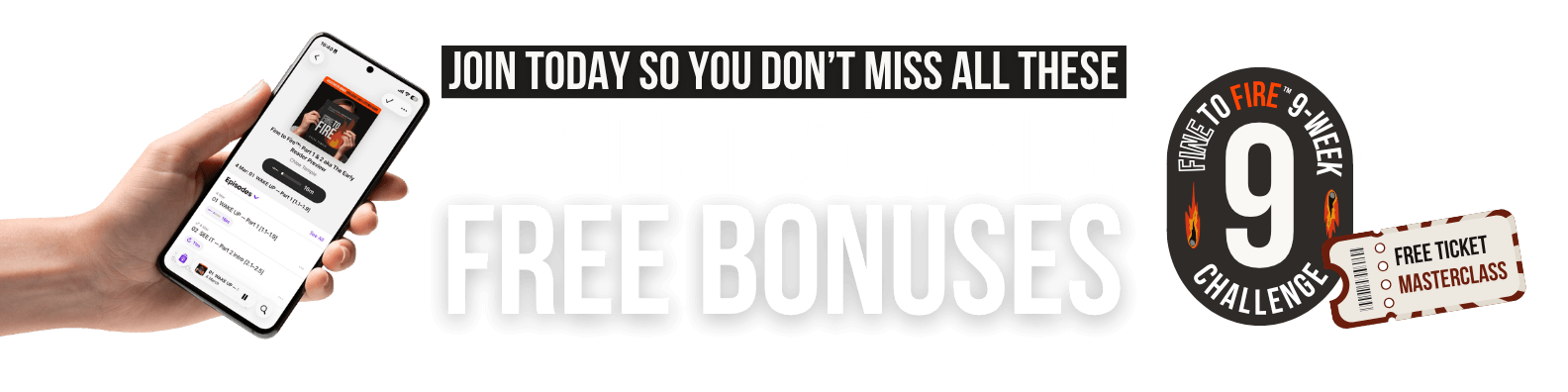 Join today so you don't miss all these waitlist exclusive free bonuses — audio, masterclass ticket, 9-week challenge