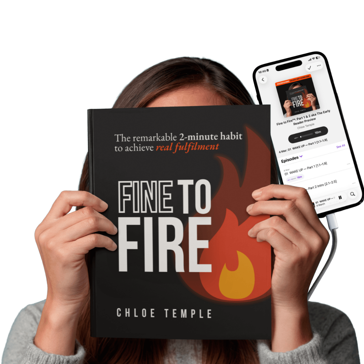 Fine to Fire book held with phone playing the audio version